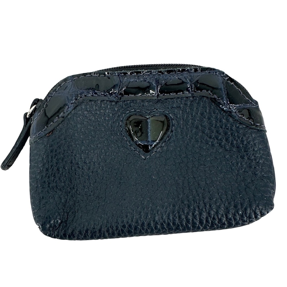 Brighton Navy Blue Pebbled Leather Heart Coin Purse Croc Embossed Trim Zip Pouch